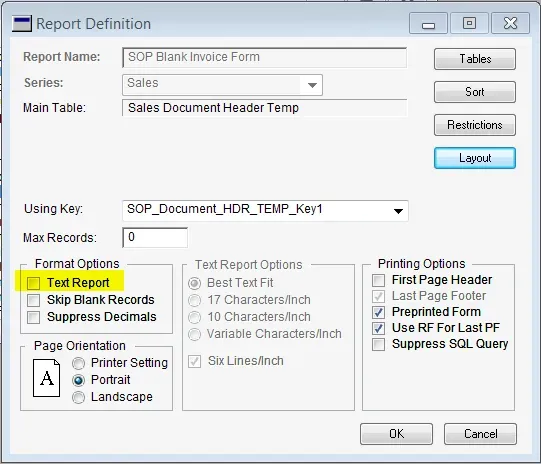 Report Definition window where the option for a Text report is set.