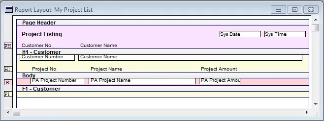 Report Layout window with my basic report laid out.