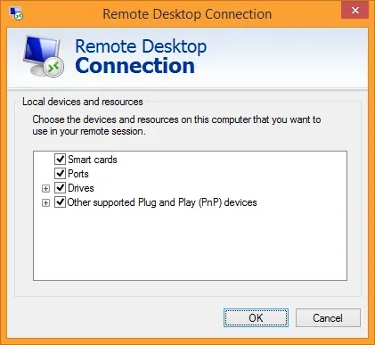 Remote Desktop Connection local devices and resources section.