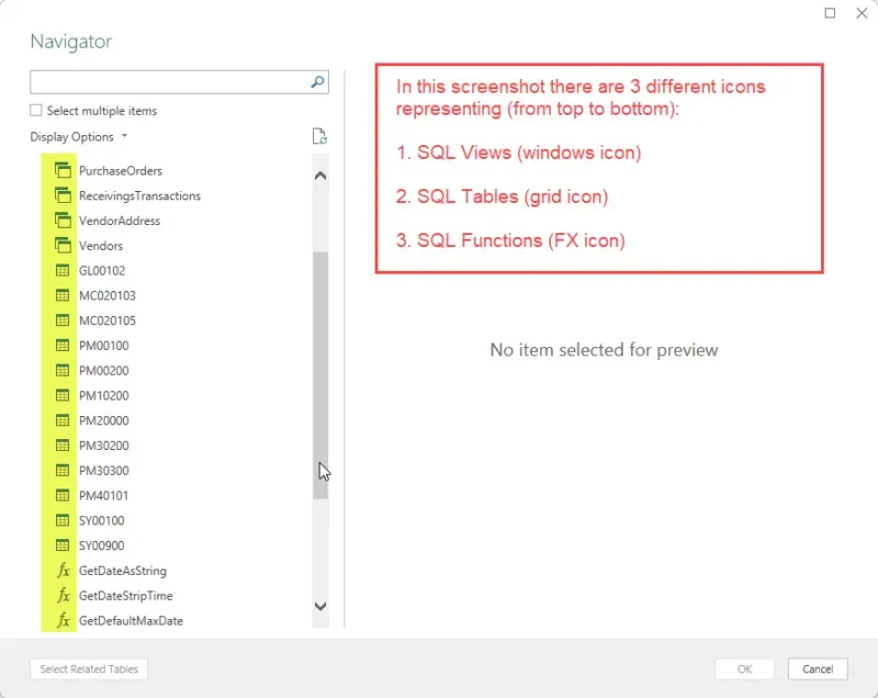 Navigator view in Power Query of SQL objects