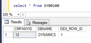 The result of a SQL statement "select * from SY00100" shows a company ID and the system database name.