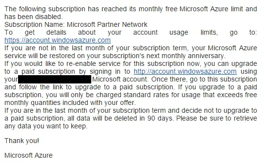An email alerting me that my Azure limit has been reached and my subscription is disabled.
