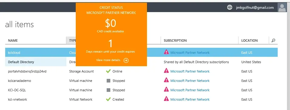 The message on the Azure homepage is "Credit Status $0 credit available"