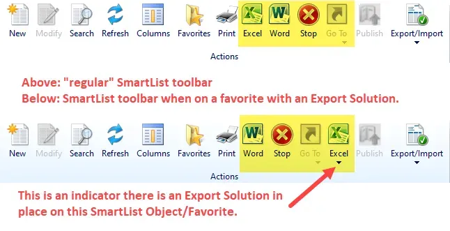 SmartList toolbar with and without export solutions