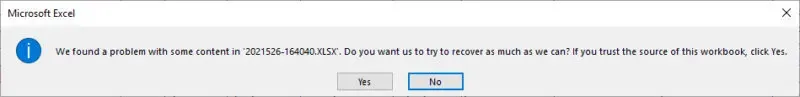 Error message in Microsoft Excel. The message text is described in the paragraph above this image.