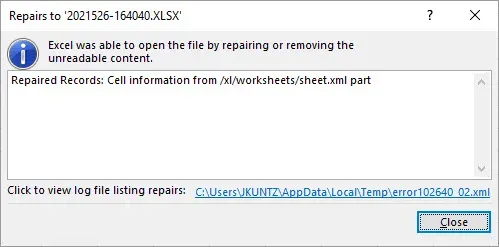 Further detail about the repaired records in Microsoft Excel. The full error message is noted in the paragraph above this screenshot.