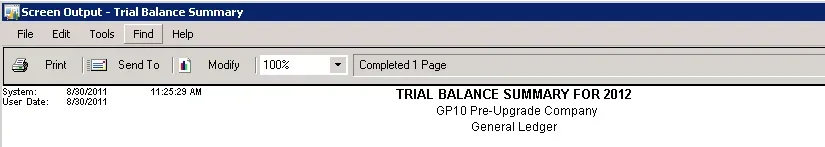 An example of a report with a temporary company name with "GP10 Pre-Upgrade Company" on it.