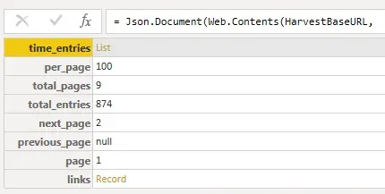 Results of the query showing total_pages = 9 and total_entries = 874 (among other pieces of information)