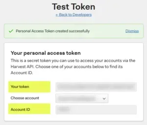 Results page of the token created. It includes 3 fields - "Your Token" with a long string token value, "Choose Account" drop down list for selecting which account you want to associate this with and "Account ID" field with an account number for that account.