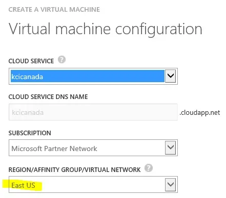 Virtual Network option drop-down list shows East US as the region selected.