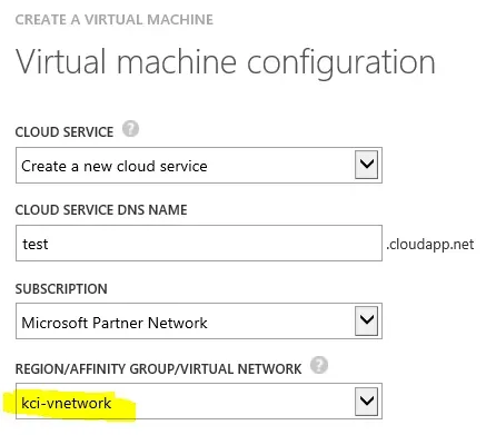 Virtual Network option drop-down list now shows "kci-vnetwork" as the chosen network.