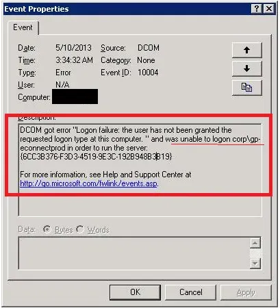 An error message in Event Viewer. The description in the error was "Logon failure: the user has not been granted the requested logon type at this computer".  