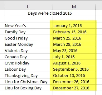 excel 3 - holiday list