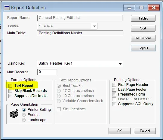 The Report Definition window with Format Options "Text Report" shown, unchecked.