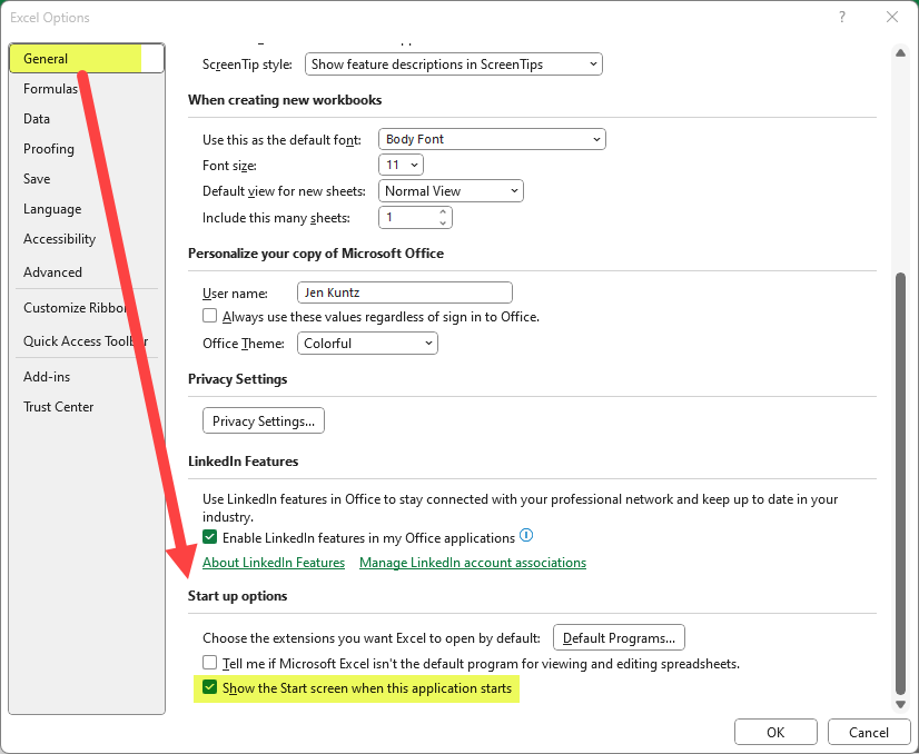 Excel Options window, under General options, shows the "Show the Start screen when this application starts" option is now selected.