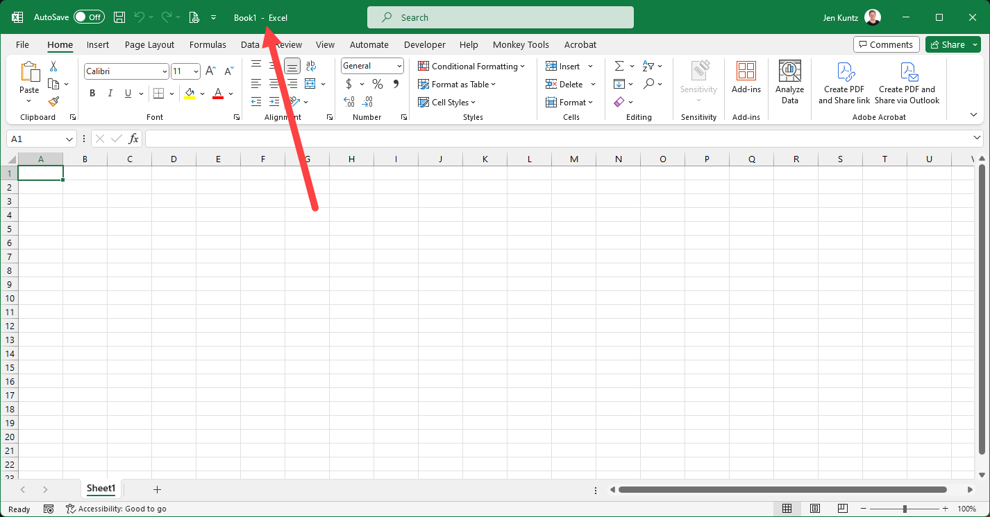 A blank workbook in Excel is pictured, with an arrow showing the filename is Book1.