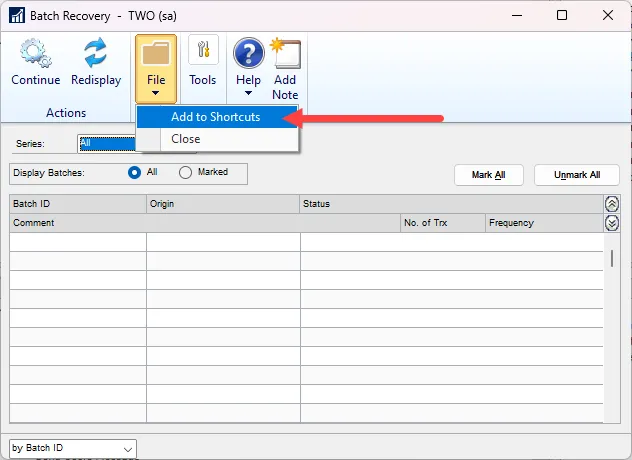 The Batch Recovery window is shown with the File menu open and Add to Shortcuts selected.