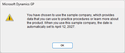 Text reads "You have chosen to use the sample company, which provides data that you can use to practice procedures or learn more about the product. When you use this sample company, the date is automatically set to April 12, 2027."