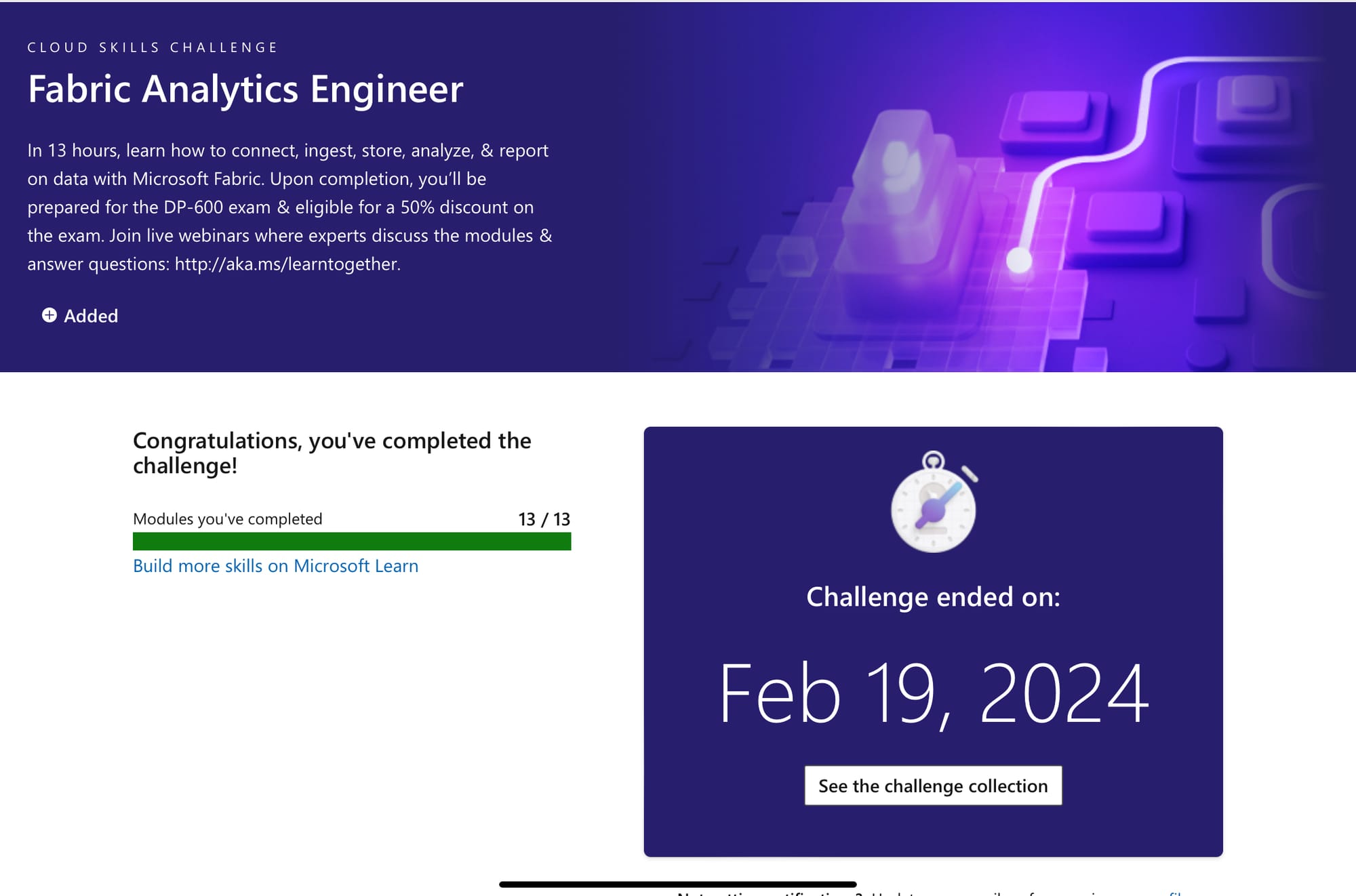 A screenshot of the Fabric Analytics Engineer challenge page shows 13/13 modules completed.