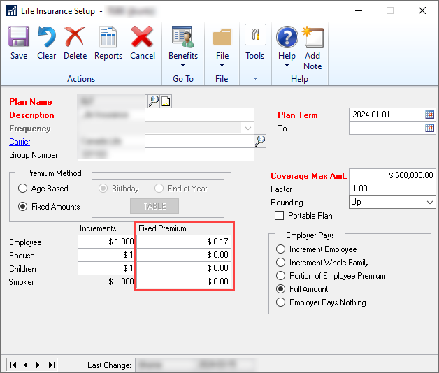 The Life Insurance Setup window shows premiums with 2 decimal values.