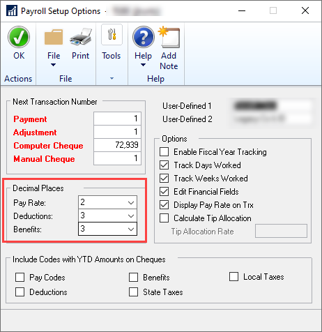 US Payroll Setup Options with Decimal Places circled. Deductions and Benefits are now set to 3.
