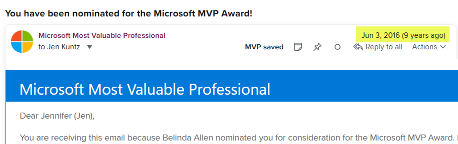 Screenshot of an email from Microsoft Most Valuable Professional, dated June 3, 2016 saying "You are receiving this email because Belinda Allen nominated you for consideration for the Microsoft MVP Award."