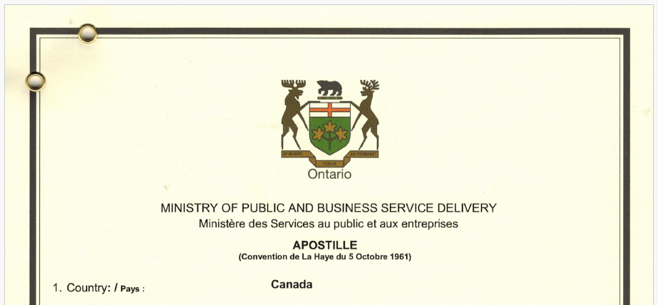 The top section of the Apostille showing the Province of Ontario emblem, "Ministry of Public and Business Service Delivery", Country Canada, referencing the Hague convention October 5, 1961.