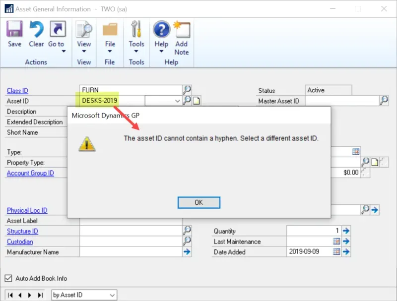 Error creating Fixed Asset with a dash/hypen