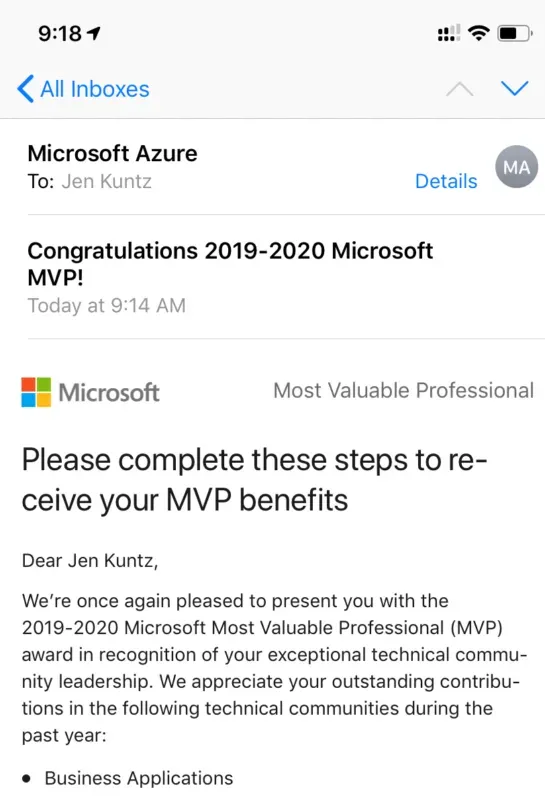 MVP Award renewal email