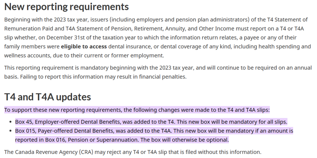 CRA webpage describing new T4 and T4A dental benefits reporting requirements for 2023, including Box 45 and Box 015 updates