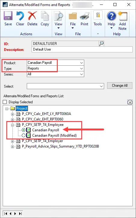 The Alternate/Modified Forms and Reports window shows the change back to the UNmodified report.