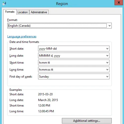 Regional Formats window.