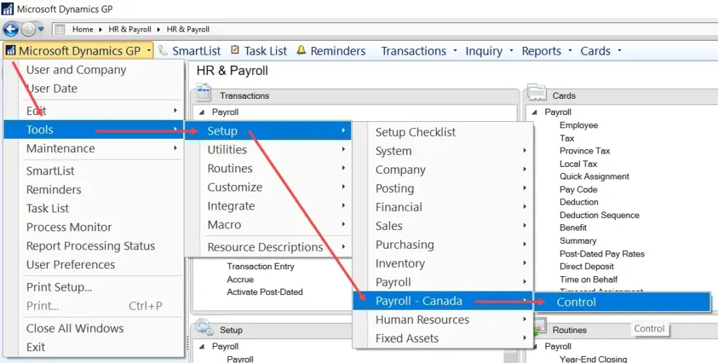 Microsoft Dynamics GP menu navigation showing Tools > Setup > Payroll - Canada > Control path with highlighted selections