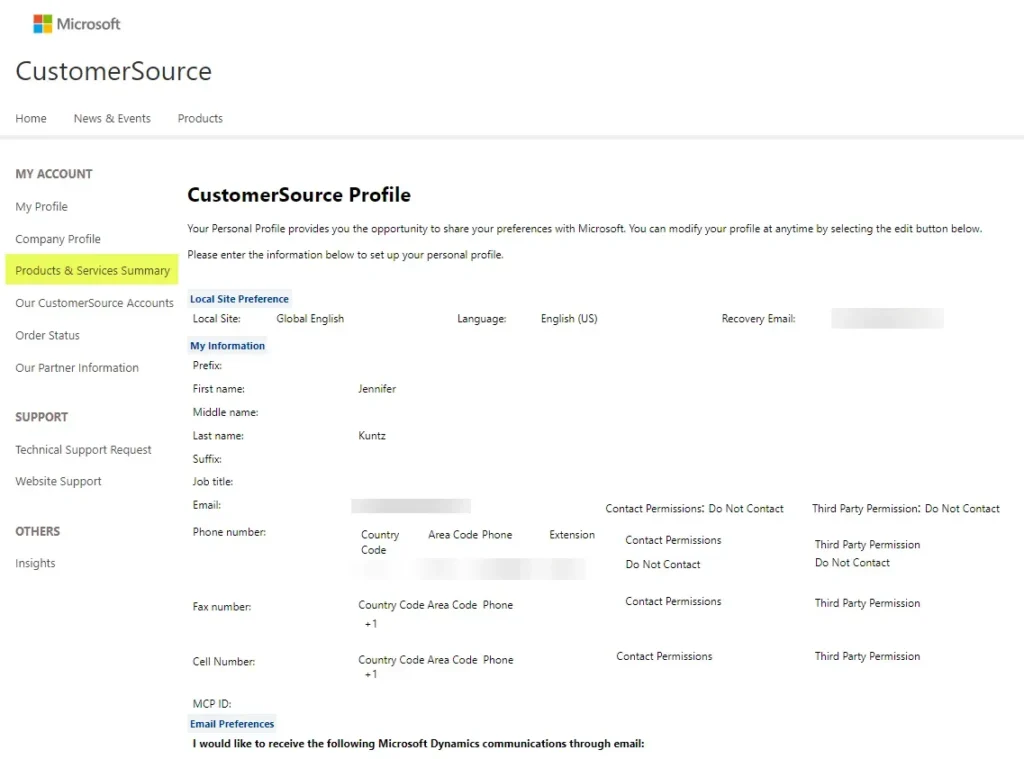 Microsoft CustomerSource Profile page showing user information fields, contact permissions, and email preferences settings