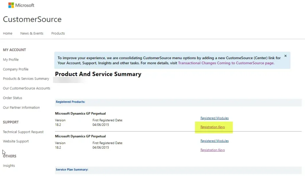 Microsoft CustomerSource Product and Service Summary page showing Microsoft Dynamics GP Perpetual version 18.2 with Registration Keys link highlighted