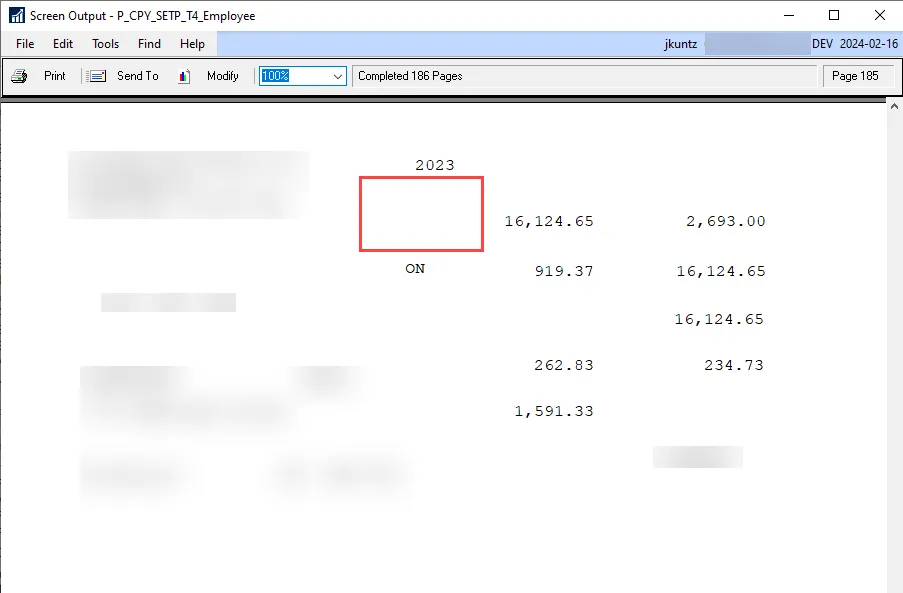 Employee T4 report - previously modified by client to add company address fields.