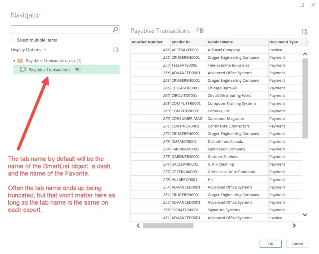 Power BI Navigator dialog showing Payables Transactions - PBI table selected from Excel workbook with vendor payment data