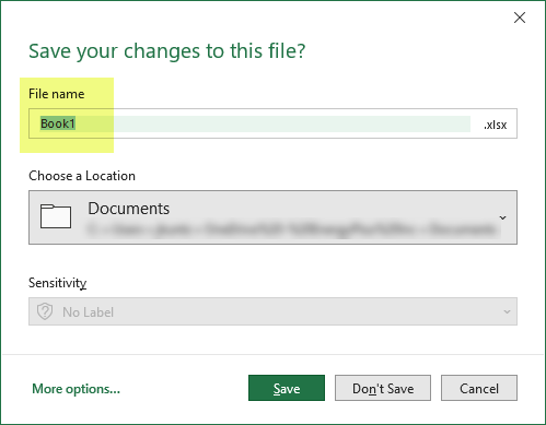 A prompt "Save your changes to this file?" for Book1, which is empty.