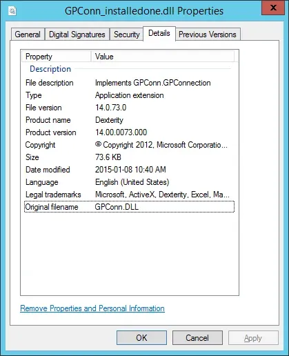Properties of the GPConn.dll file that came with GP 2015.