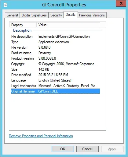 Properties of the GPConn.dll file from Constance's blog.