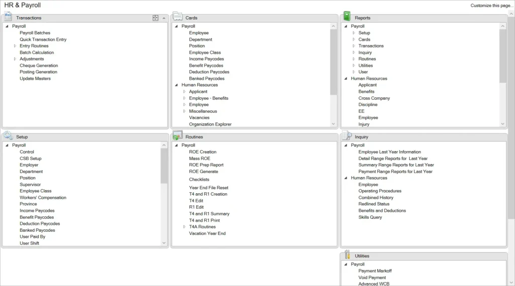 Microsoft Dynamics GP HR & Payroll navigation pane showing Transactions, Cards, Reports, Setup, Routines, Inquiry, and Utilities sections with Canadian Payroll enabled