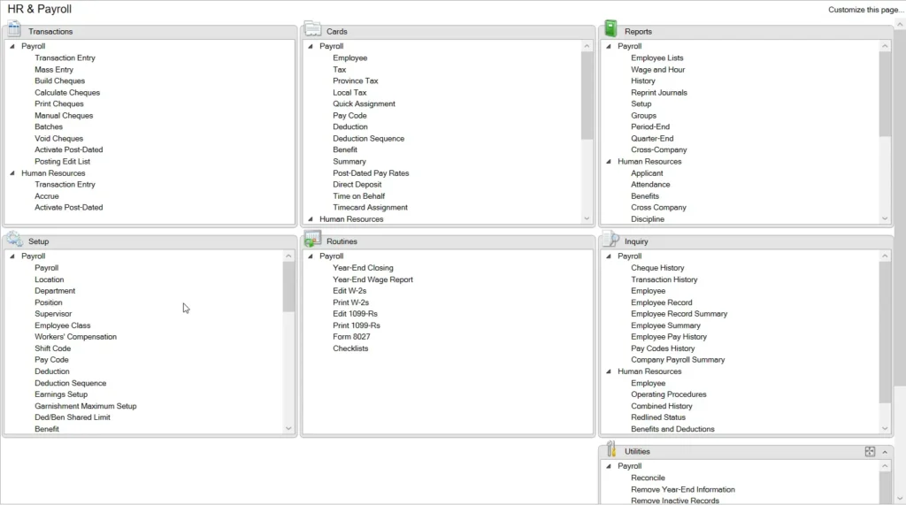 Microsoft Dynamics GP HR & Payroll navigation pane showing Transactions, Cards, Reports, Setup, Routines, Inquiry, and Utilities sections