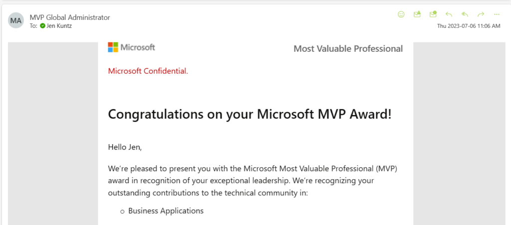 Email from MVP Global Administrator congratulating Jen Kuntz on Microsoft MVP Award for Business Applications, dated July 6, 2023