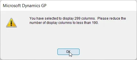 Warning message in SmartList to reduce number of columns to less than 190.