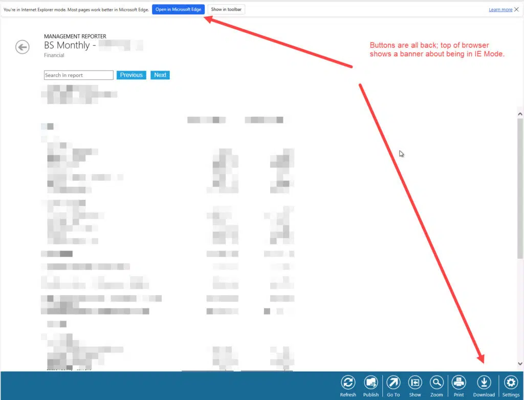 Management Reporter report viewer in IE Mode with banner notification and toolbar buttons including Refresh, Publish, Go To, Show, Zoom, Print, Download, and Settings