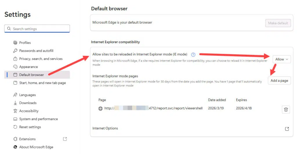Microsoft Edge Settings page showing Default browser section with Internet Explorer compatibility mode set to Allow and IE mode pages list