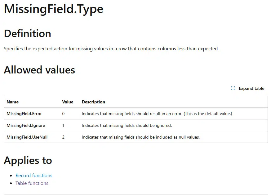 Microsoft documentation showing MissingField.Type enumeration with three allowed values: Error (0), Ignore (1), and UseNull (2)