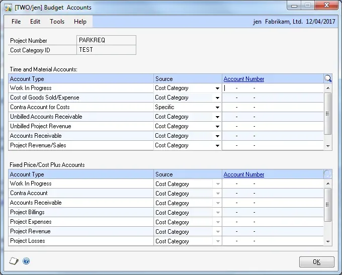 A screenshot of one of the projects' budget accounts window after the update shows that the account did not roll down to the projects.