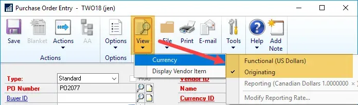 Purchase Order View > Currency menu” loading=”lazy”><figcaption><span style=