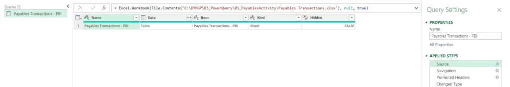 Power Query Editor showing Source step for Excel workbook import with Payables Transactions - PBI table and Query Settings pane